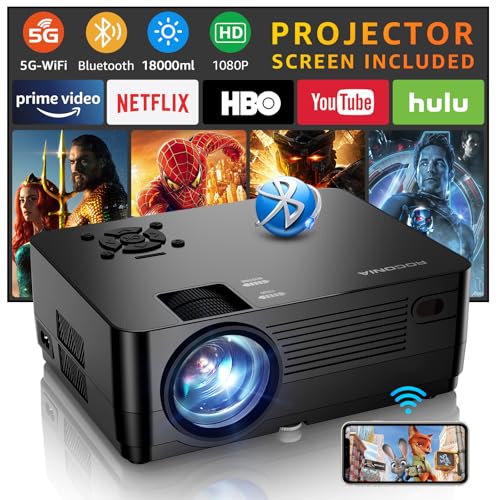 Projector with 5G WiFi and Bluetooth, Native 1080P Projector[Projector Screen Included], Full HD 15000LM Movie Projector, 300" Display Support 4k Home Theater, Compatible with Phone/Laptop/TV Stick