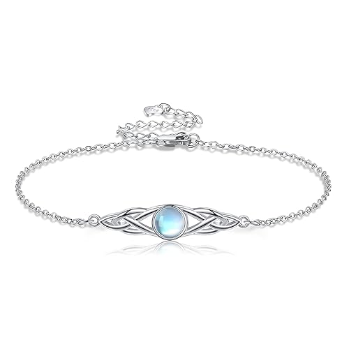 VONALA 925 Sterling Silver Celtic Bracelets for Women Irish Turquoise Moss Agate Rose Quartz Moonstone Bracelet Knot Viking Gemstone Mustard Seed Jewelry - Celtic Moonstone Bracelet 1