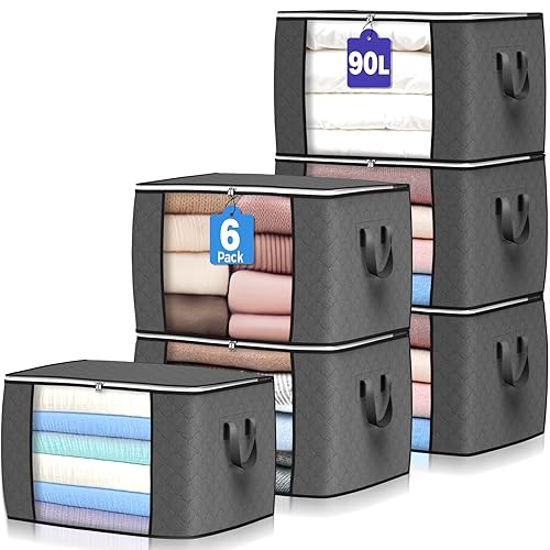 90 L Large Storage Bags, 6 Pack Clothes Storage Bins Foldable Closet Organizers Storage Containers with Reinforced Handle for Clothing, Blanket, Comforters, Bed Sheets, Pillows and Toys (Gray) - 6 Pack - Grey
