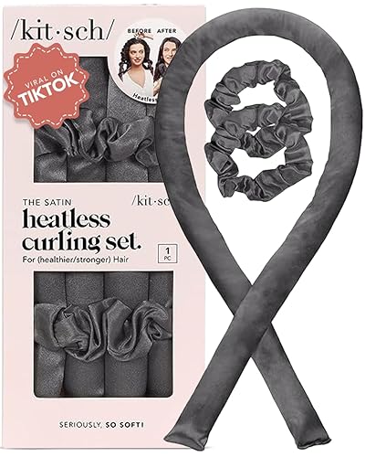 Kitsch Satin Heatless Curling Set for No-Heat Soft Curls | Overnight Hair Curlers & Curling Rod Headband, Frizz-Free Styling | Gentle Rollers for All Hair Types - 1 Pack (Charcoal) - Charcoal