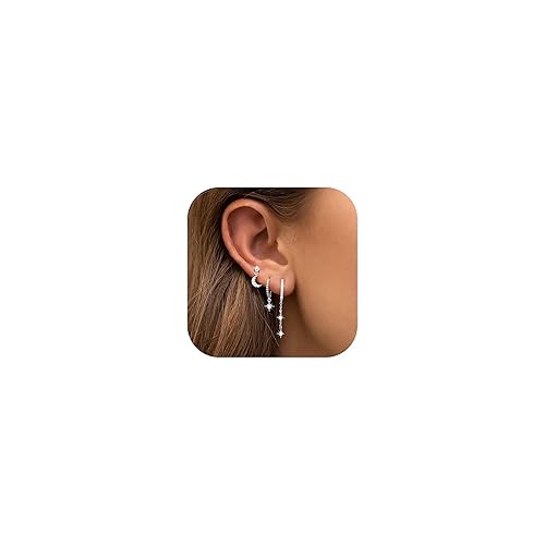 Umeher 3Pairs Earrings Set for Women Silver Moon Star CZ Butterfly Green Dainty Stud Hoop Earrings for Three Holes Earrings Stack - Chain Hoops