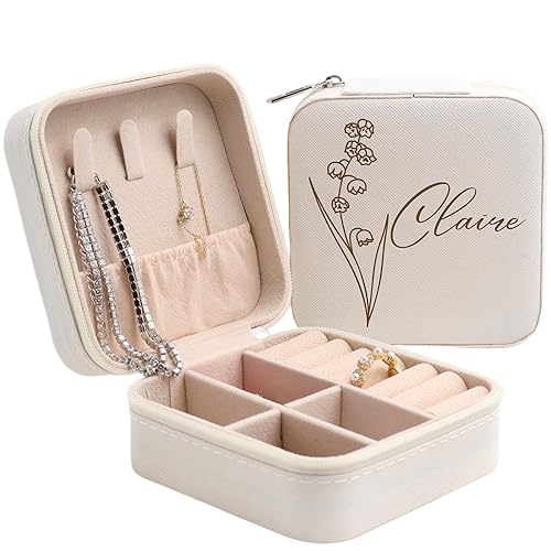Personalized Leather Jewelry Box with Name and Birth Flower Month - Custom Jewelry Travel Case for Women, Mom, Nana, Children - Custom Name and Birth Flower Month Jewelry Organizer Box (White) - White