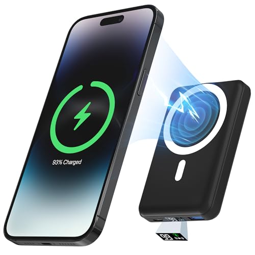 podoru for Magsafe Battery Pack, 10000mAh Magnetic Power Bank with Type-C Cable LED Display 22.5W PD Fast Charging Wireless Portable Charger for iPhone 16/15/14/13/12 Series-Black - A-Space Black