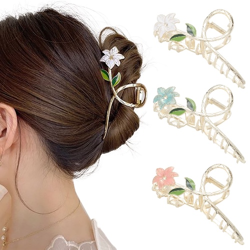 HAIMEIKANG 3 Pcs Flower Metal Hair Clips for Women Large Tulip Hair Claw Clips Non Slip Strong Hold Jaw Clips Fashion Hair Accessories for Thick Thin Curly Hair(White+Blue+Pink) - White+Blue+Pink