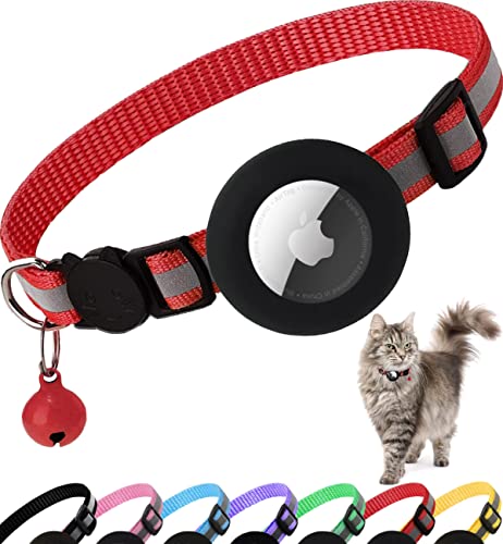 Airtag Cat Collar Breakaway, Reflective Kitten Collar with Apple Air Tag Holder and Bell for Girl Boy Cats, 0.4 Inches in Width and Lightweight (Red) - Red