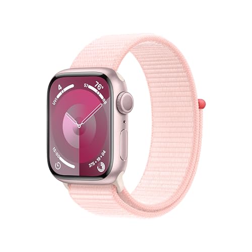 Apple Watch Series 9 [GPS 41mm] Smartwatch with Pink Aluminum Case with Pink Sport Loop. Fitness Tracker, Blood Oxygen & ECG Apps, Always-On Retina Display, Carbon Neutral - Pink Aluminum Case with Light Pink Sport Loop - 41mm - One Size - fits 130–200mm wrists