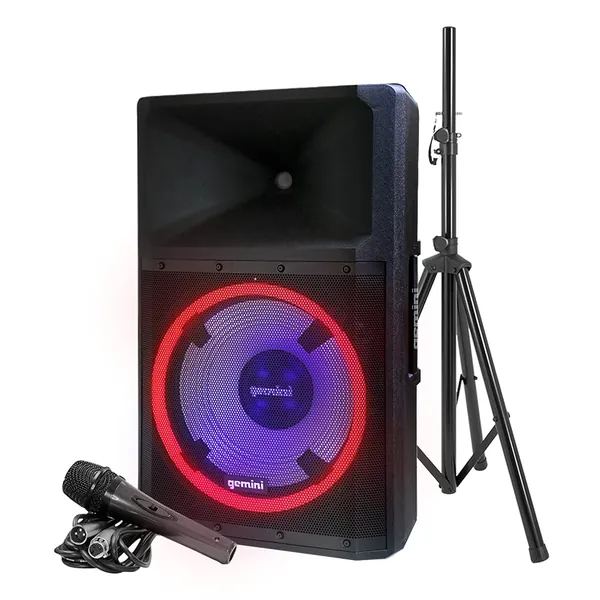 Gemini Sound GSP-L2200PK Indoor Outdoor Ultra Powerful Bluetooth 2200W Watts Peak Speaker, 15" Inch Woofer, LED Party Lights, Built in Media Player, FM Radio, USB/SD Card/Microphone, Speaker Stand