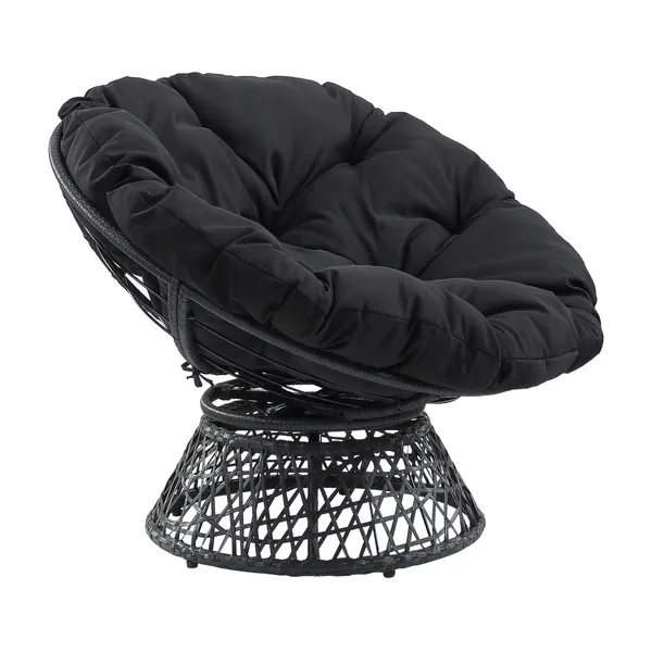 OSP Home Furnishings Wicker Papasan Chair with 360-Degree Swivel, 40” W x 36” D x 35.25” H, Grey Frame with Black Cushion