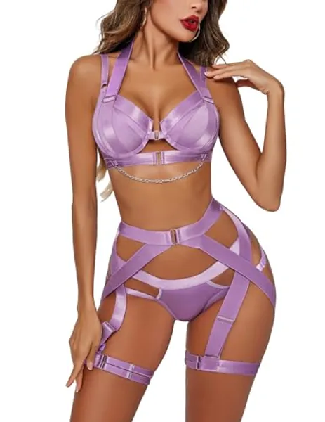 Avidlove Lingerie Set for Women Sexy Strappy Lingerie Underwire Push Up Bra Garter Set Lingerie with Chain
