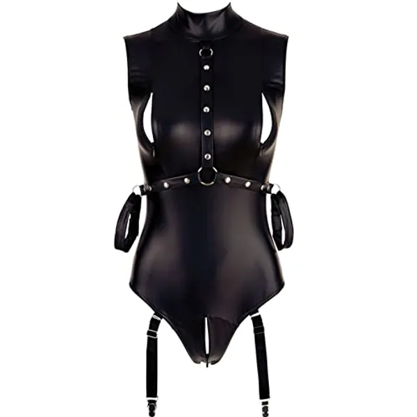 Womens Lingeries Bodysuit Patent Leather Wet Look Spaghetti Strap One Piece Round Neck Sparkle Sleeveless Exotic Babydoll