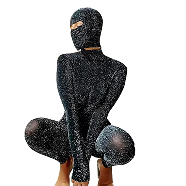 NIFTRIRY One Piece Jumpsuit Long Sleeve Jumpsuit For Women Black Bodysuit Women Jumpsuit Back Hollow With Mask