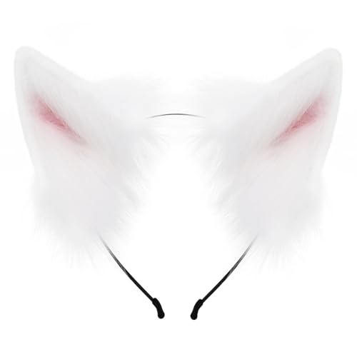 HAOAN Handmade Faux Fur Fox Wolf Ears Headband Halloween Christmas Cosplay Party Costume Accessories - White