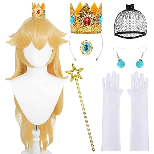 JoneTing Long Blonde Wig for Adult 9PCs【+Wig Cap +Princess Accessories Set】 Blonde Cosplay Wig with Bangs for Women Synthetic Wigs for Halloween Chrismas Party Peluca Amarilla Princess Dress Up Wig - blonde