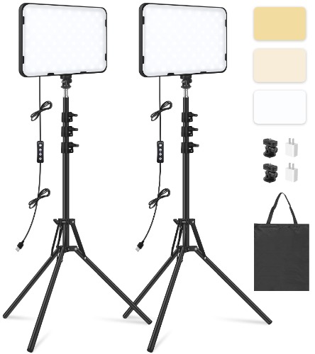 2 Pack LED Video Light with 63'' Tripod Stand, Obeamiu 2500-8500K Dimmable Photography Studio Lighting for Video Film Recording/Collection Portrait/Live Game Streaming/YouTube Podcast, USB Charger