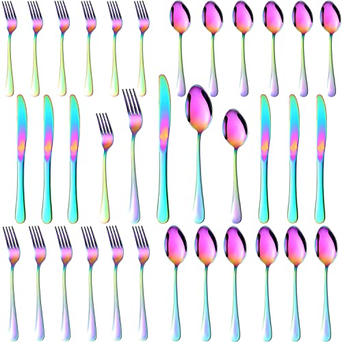 30-Piece Rainbow Silverware Set for 6, 18/0 Premium Stainless Steel Mirror Polished Rainbow Cutlery Set, Iridescent Utensils Set, Multicolor Flatware Set, Forks and Spoons Colorful Silverware Set - Rainbow-30