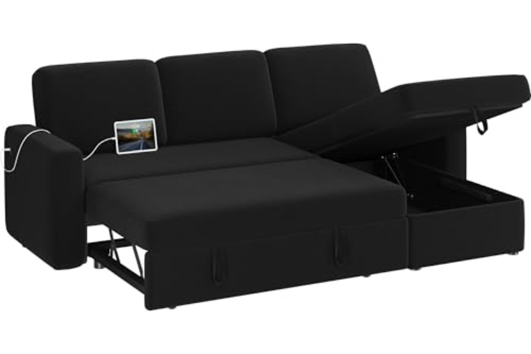 Yaheetech Sectional Sofa L-Shaped Sofa Couch Bed w/Chaise & USB, Reversible Couch Sleeper w/Pull Out Bed & Storage Space, 4-seat Fabric Convertible Sofa, Pull Out Couch for Living Room Black - Black - 51.5D X 80.5W X 33.5H"