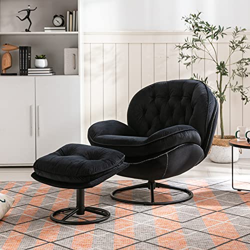 Baysitone Velvet Swivel Accent Chair with Ottoman Set, Modern Lounge Chair with Footrest, Comfy Armchair with 360 Degree Swiveling for Living Room, Bedroom, Reading Room, Home Office (Black) - Black