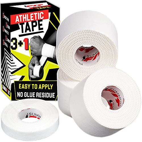 Summum Fit Athletic Tape White Extremely Strong: 3 Rolls + 1 Finger Tape. Easy to Apply & No Sticky Residue. Sports Tape for Boxing, Football or Climbing. Enhance Wrist, Ankle & Hand Protection Now - 3+1 Set