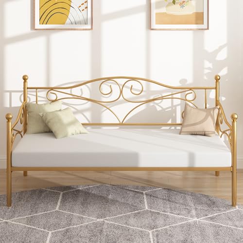 VECELO Daybed Frame, Twin Size Metal Platform Bed with Headboard,Heavy Duty Steel Slats Support for Living Room Bedroom Guest Room, Easy Assembly - Gold - Twin - Classic