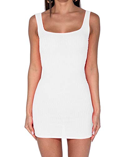 Hamishkane New Ladies Sleeveless Ribbed Plain Stretchy Bodycon Strappy Mini Summer Tunic Dress - 12-14 - White