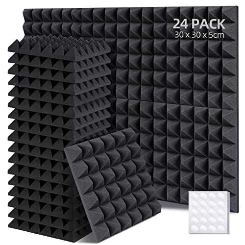 Ohuhu Acoustic Foam Panels 24 Pack with Double Sided Tape, 2"x12"x12" Acoustic Foam Sound Absorption Pyramid Studio Treatment Wall Panels, Soundproofing Foam Tiles for Studios, Offices, Home - 24 Pack-2inch