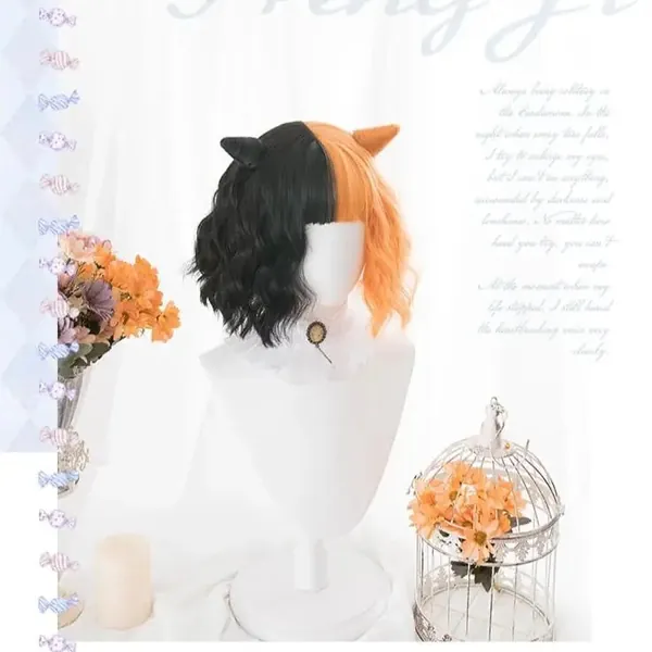 Orange and Black Two Tone Medium Length Lolita Wig in New Condition - Wig Without Horns