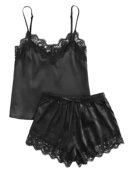 MakeMeChic Women's Lace Satin Sleepwear Cami Top and Shorts Pajama Set - Small Black