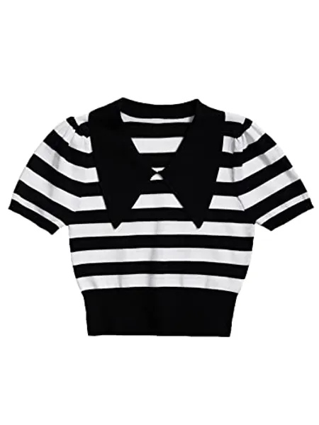Verdusa Women's Casual Striped Print Collar Ruched Sleeve Slim Fit Crop Knit Top