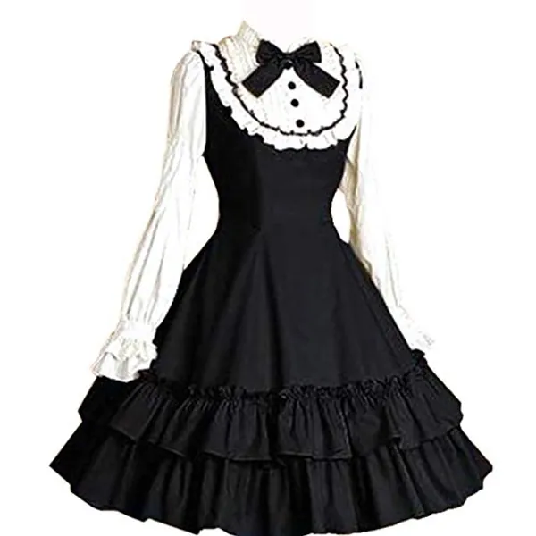 I-Youth Women Girls Black Gothic Lolita Dress Long Sleeves Multi Layers Classic Goth Dress Halloween Cosplay Costumees