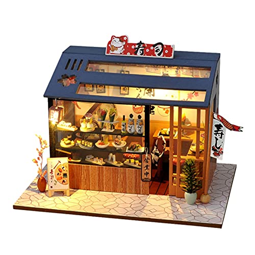 Kit de maison de poupée miniature DIY maison de poupée, kit de cuisine de maison de poupée, kit de cuisine japonais à la main, style Sushi Shop miniature en bois, maison de poupée créative DIY Kit