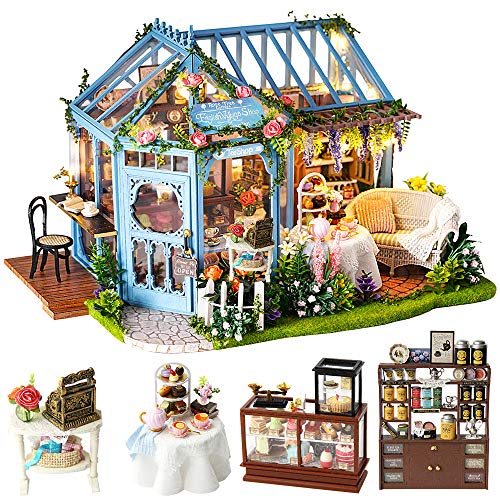 CUTEBEE Miniature avec des Meubles de Maison de poupée, kit DIY Dollhouse en Bois Ainsi Que la poussière et Le Mouvement de la Musique, 1:24 Salle créative pour l'idée Cadeau Saint Valentin - Rose Garden Tea House