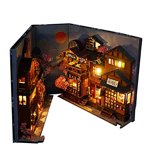 DIY Book Nook Kit, Kit de Maison de poupées Miniatures avec Meubles et lumière LED, Serre-Livres 3D Bricolage LED Puzzle en Bois, Décoration de Maison de poupée - A
