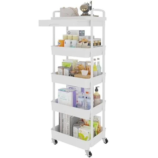 Calmootey 5-Tier Rolling Utility Cart with Drawer,Multifunctional Storage Organizer with Plastic Shelf & Metal Wheels,Storage Cart for Kitchen,Bathroom,Living Room,Office,White