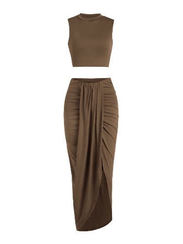 ZAFUL Women's Casual Sleeveless Summer Two Piece Outfits Crop Top and Side Split Draped Ruched Maxi Skirt Set Solid Suiting - B-brown X-Large