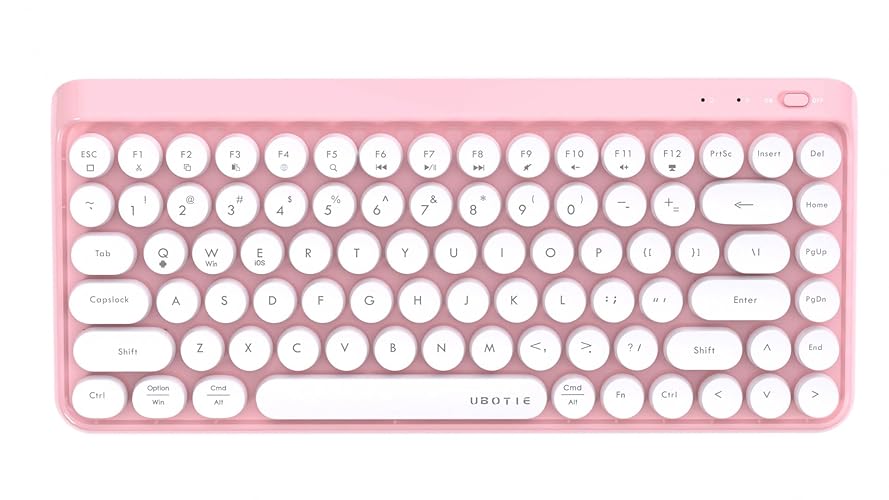 UBOTIE Wireless Bluetooth Keyboard, Portable 84-Key with Cute Retro Round Keycaps, Ergonomic Typewriter Keyboards Compatible with Windows, Android, MAC (Pink-White) - Pink-white