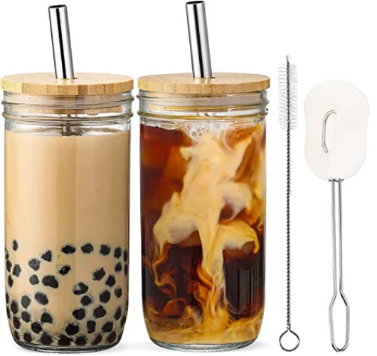 HEFBCOMK 2 Pack Reusable Boba Cup, 24Oz Wide Mouth Smoothie Cups, with Bamboo Lid and Straws Iced CoffeeCups, Mason Jars Glass Cups, Bubble/Boba Tea Cups, Travel Drinking Bottle - 24oz-bamboo lids