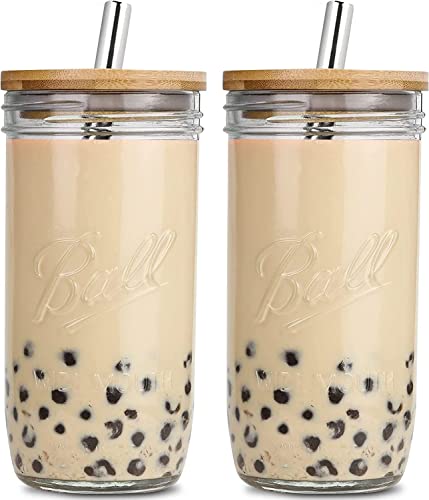 Reusable Boba Cup Smoothie Tumbler Glass Bubble Tea Cup, 2 Pack Wide Mouth 22oz Iced Coffee Glasse Cup with Bamboo Lid and Straw, Mason Jar Cup Drinking Glasses Tumbler - 24oz