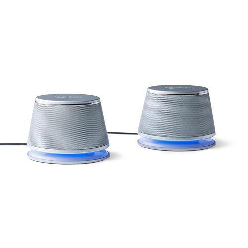 Amazon Basics USB-Powered PC Computer Speakers with Dynamic Sound | Silver - Silver - Single - Speakers