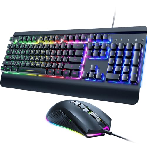 Dacoity Gaming Keyboard and Mouse Combo, 104 Keys All-Metal Panel Light Up Silent Computer Keyboard, Wrist Rest, LED Backlit 4200 DPI Gaming Mouse, Wired Keyboard Mouse Set for PC MAC Xbox Gamer - metallic
