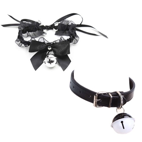 2Pcs/Set PU Leather Lace Choker Collar for Women Punk Necklace Cute Bow Lace Girls Cosplay Cat Bell Chokers, Metal Leather Plastic synthetic-fiber, alloy, - 