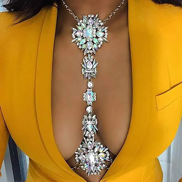 ELABEST Boho Rhinestone Statement Chest Chain Crystal Necklace Body Chain Summer Beach Body Jewelry Accessories for Women and Girls - AB Colorful