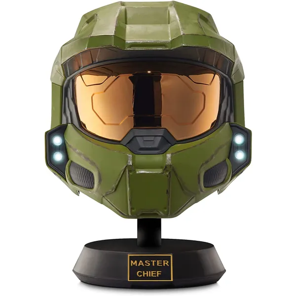 HALO Master Chief Deluxe Helmet with Stand - LED Lights on Each Side - Battle Damaged Paint - One Size Fits Most - Build Your Universe, Green