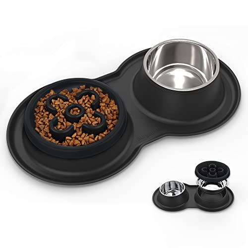 BurgeonNest Dog Bowl Slow Feeder,4 in 1 Dog Food and Water Bowl with Stand Slow Down Eating Dog Puzzle Bowl Set with Non-Skid Silicone Mat for Small Medium Dogs - Medium - Black