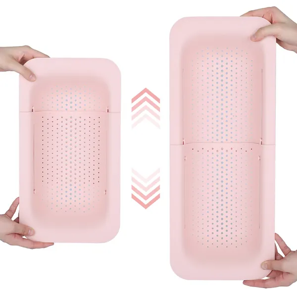 BLUE GINKGO Over the Sink Colander Strainer Basket - Wash Vegetables and Fruits, Drain Cooked Pasta and Dry Dishes - Extendable - New Home Kitchen Essentials (7.9 W x 14.5-19.5 L x 2.75 H) (Pink)