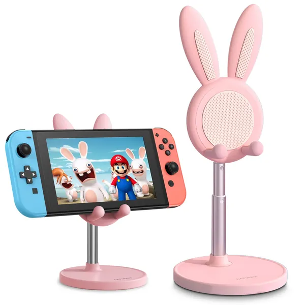 Switch Stand for Nintendo, OATSBASF Adjustable Cute Bunny Phone Stand for Desk, Kawaii Phone Holder Stand, Compatible with All Mobile Phones, iPhone, Kindle, iPad, Switch, Tablets (Pink)