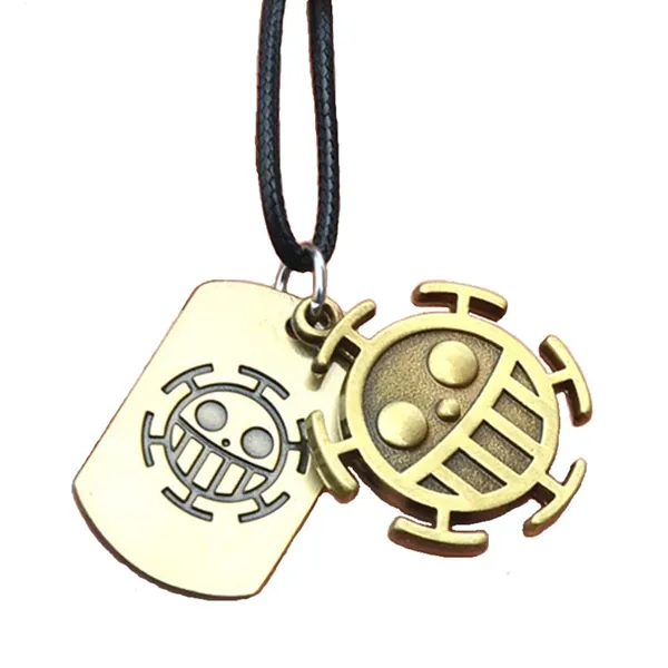 KOGNGU Hot Japan Anime One Piece Trafalgar Law Portgas D Ace Stud Necklace Cosplay (Leather Chain & Bronze)