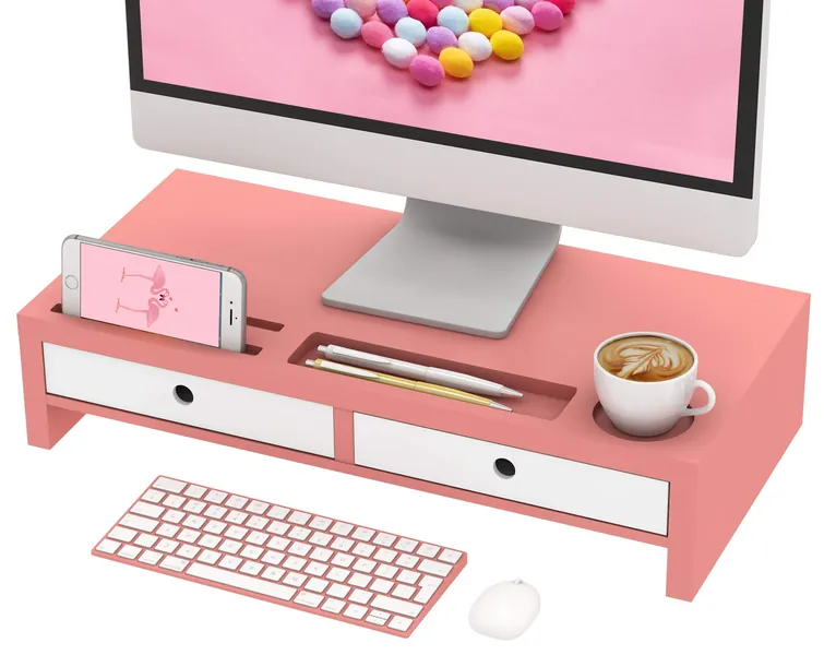 Monitor Stand Riser Desk Organizer - with Drawers Keyboard Storage Pink 22x10.6x4.7 inch