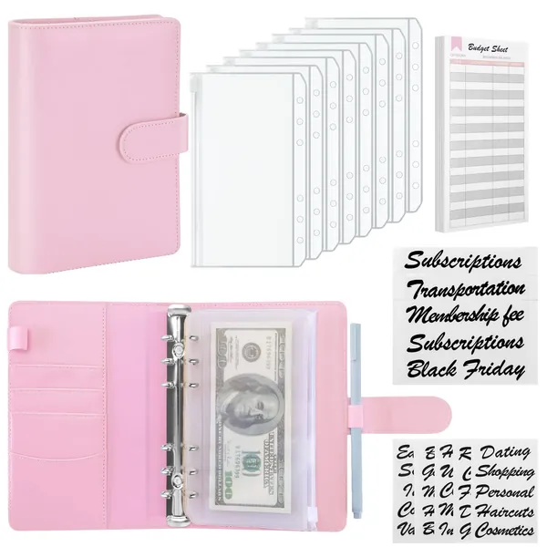 Sooez A6 PU Leather Binder Budget Planner Organizer 6 Ring Binder Cover, 8Pcs Binder Pockets, 24Pcs Expense Budget Sheets & 8Pcs 34 Categories Sticker Labels, Money Saving Binder for Budgeting, Pink