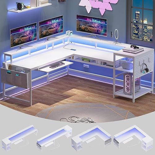 SEDETA L Shaped Gaming Desk, Reversible Home Office Desk or Corner Desk, Gaming Desk with Power Outlets & LED Strip, Monitor Shelf, Keyboard Tray, Pegboard and Storage Shelves, White - White