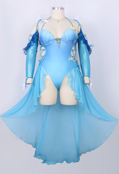 Plus Size PM Derivative Swimsuit Blue One-Piece Bodysuit Bathing Suit with Arm Sleeves and Necklace